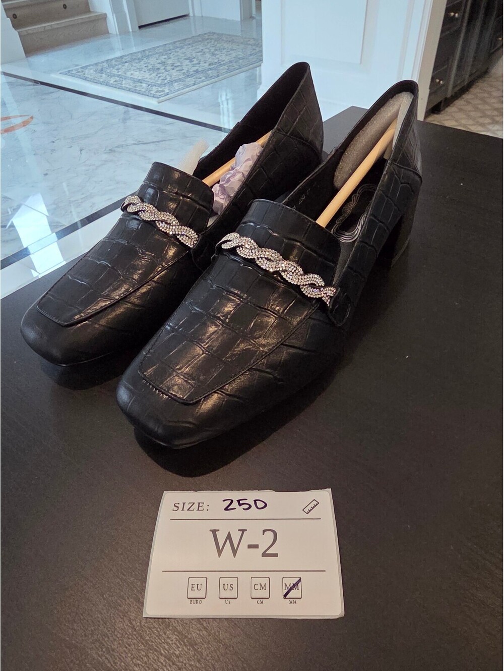 Women's Black Croc Pattern Loafers with Chain Detail